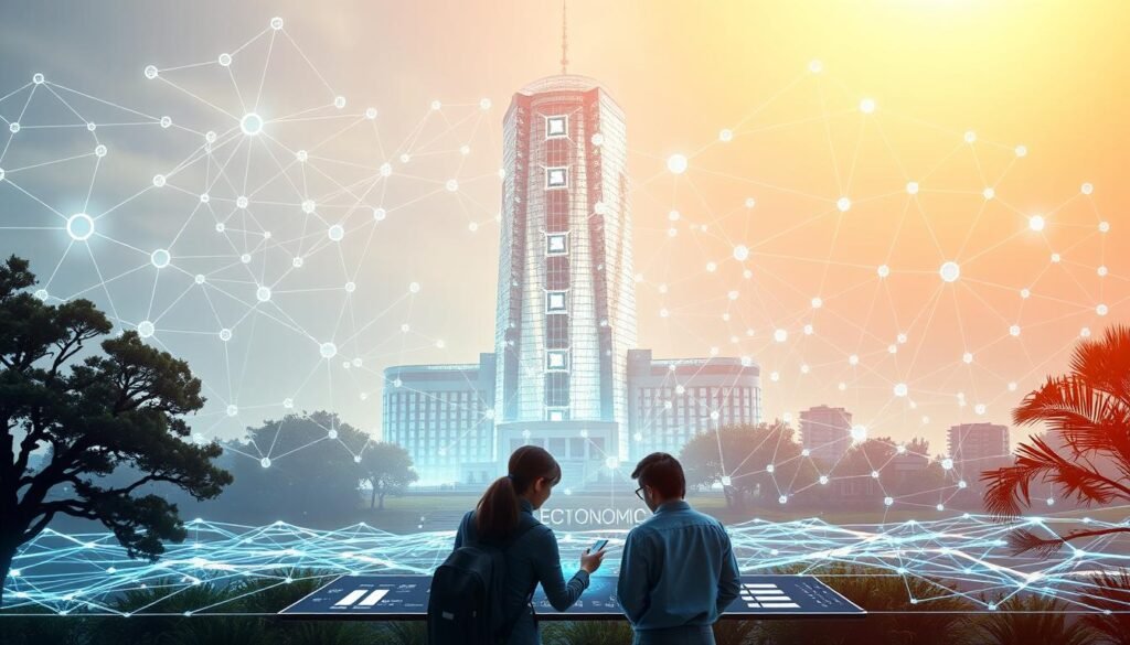 A vibrant, digital landscape depicting the intersection of economics and education. In the foreground, a group of students huddle around a touchscreen display, engaged in interactive economic simulations. The middle ground features a towering, futuristic university building, its façade adorned with holographic data visualizations. In the background, a network of interconnected nodes and circuits pulses with the flow of economic information, representing the digital infrastructure powering this dynamic educational experience. Soft, diffused lighting casts a warm, contemplative glow over the scene, conveying the importance of digital literacy in shaping the future of economic education.