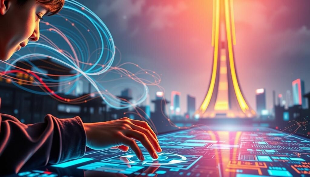 A vibrant digital landscape where creativity and technology seamlessly converge. In the foreground, a young person immerses themselves in a tactile, touch-based interface, their hands dancing across a futuristic display. Swirling data streams and holographic elements fill the middle ground, conveying the sense of boundless digital possibilities. In the background, a towering, sleek techno-structure rises, its clean lines and pulsing lights symbolizing the cutting edge of innovation. Warm, diffused lighting casts a sense of warmth and dynamism, while a subtle chromatic gradient adds depth and atmosphere. This image captures the essence of digital literacy empowering creative expression, a harmonious fusion of the human and the technological.