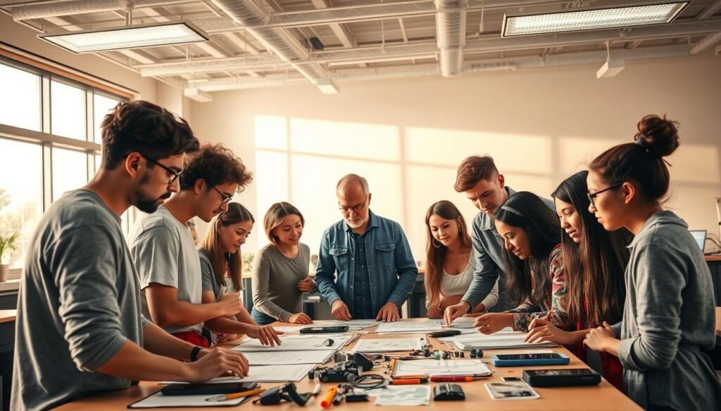 A vibrant, dynamic scene showcasing the benefits of project-based learning in higher education. In the foreground, a diverse group of students collaborate intently, gathered around a table overflowing with sketches, prototypes, and digital devices. Warm, natural lighting from large windows illuminates their focused expressions and the tactile, hands-on nature of their work. In the middle ground, an instructor moves among the students, offering guidance and encouragement, fostering an atmosphere of exploration and discovery. The background depicts a modern, well-equipped classroom, replete with cutting-edge technology and learning tools, signifying the innovative, forward-thinking nature of this pedagogical approach. The overall tone is one of excitement, creativity, and the empowerment of students to take an active role in their own learning.