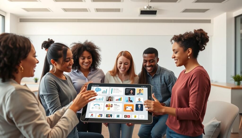 A vibrant, interactive e-learning scene. In the foreground, a group of diverse learners engaged in lively discussions, gesturing animatedly as they collaborate on a digital tablet. The middle ground features an intuitive, touch-enabled interface with customizable learning modules and multimedia content. In the background, a minimalist, well-lit classroom setting with sleek, modern furnishings creates an inviting atmosphere for active, self-directed learning. Soft, diffused lighting and a subtle color palette evoke a sense of focus and productivity. The overall composition conveys a harmonious, immersive e-learning experience that encourages learner participation and enhances knowledge retention.