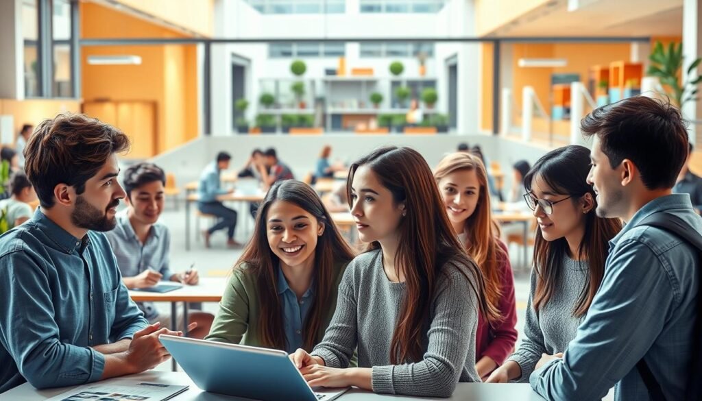 A vibrant, realistic scene depicting university students engaged in various soft skill development activities. In the foreground, a group of students collaborating on a project, their faces animated with focused expressions. In the middle ground, individuals practice public speaking, role-playing scenarios, and participating in group discussions. The background features a modern university campus setting, with well-lit classrooms, cozy study nooks, and inviting common areas where students interact. The lighting is natural, conveying a sense of warmth and productivity. The overall mood is one of engaged learning, personal growth, and a collaborative spirit, reflecting the importance of soft skill development for student success.