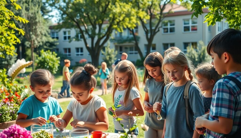A vibrant schoolyard, bathed in warm sunlight, where students engage in a harmonious balance of academics and extracurricular activities. In the foreground, a group of children collaborate on a science project, their faces alight with curiosity. In the middle ground, a teacher guides a nature walk, pointing out the diverse flora and fauna that thrive in the school's well-tended gardens. Beyond, the school building stands as a beacon of learning, its architecture seamlessly blending with the lush, verdant surroundings. An atmosphere of nurturing, discovery, and well-being permeates the scene, showcasing the vital role of educational institutions in fostering a healthy, balanced environment for young minds to flourish.
