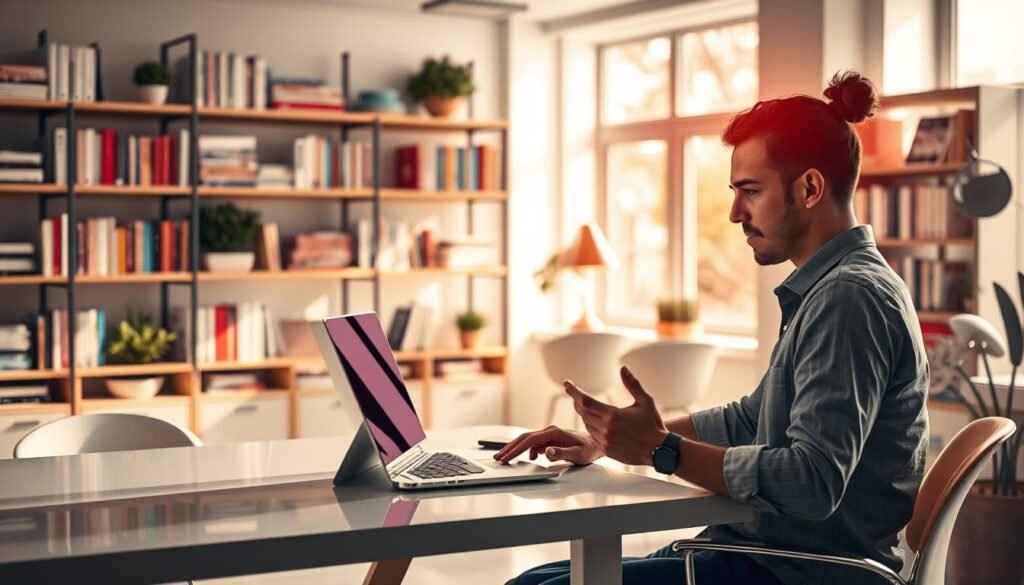 A vibrant, visually engaging scene of a modern online learning specialist at work. In the foreground, a focused individual sitting at a sleek, minimalist desk, intently studying a laptop screen, their expression one of deep concentration. Mid-ground, shelves filled with educational resources and technology, hinting at the diverse tools and knowledge required for this role. The background features a stylish, well-lit home office space, with large windows allowing natural light to flood the scene, creating a sense of openness and productivity. The overall mood is one of professionalism, innovation, and a dedication to the art of online education and training.