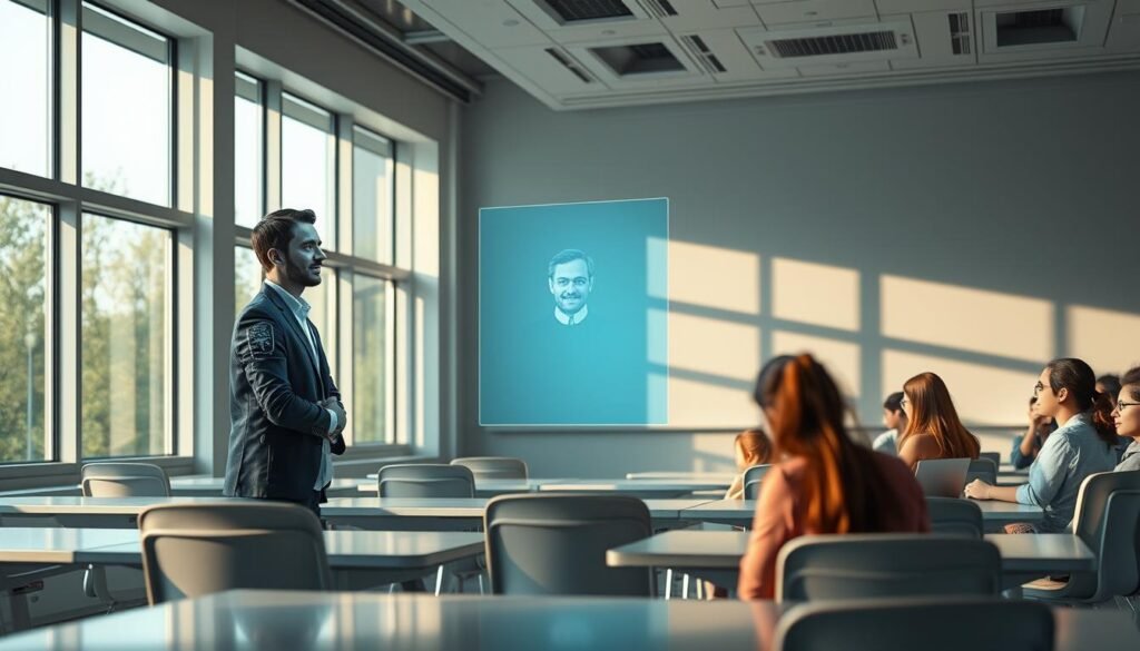 A virtual mentor standing in a modern, well-lit classroom, gazing thoughtfully at a group of attentive students. The mentor's holographic form is projected onto a large display screen, creating an immersive and interactive learning environment. Sleek, futuristic desks and chairs surround the students, hinting at the advanced technological integration within the educational setting. Soft, natural lighting filters in through large windows, casting a warm, inviting glow and emphasizing the collaborative, nurturing atmosphere. The virtual mentor's facial expression is kind and encouraging, embodying the guidance and support AI-powered educational tools can provide.