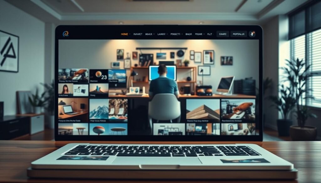 A visually striking digital portfolio showcasing a designer's best work. The foreground features a sleek, minimalist layout with carefully curated projects neatly arranged, each one a masterpiece of form and function. The middle ground depicts the designer hard at work, deeply immersed in the creative process, surrounded by a clutter of digital tools and inspiration. The background is a serene, elegant office space, evoking a sense of professionalism and expertise. Soft, diffused lighting casts a warm, inviting glow, and the overall composition conveys a harmonious balance between creativity and organization, reflecting the title "Langkah-langkah Membangun Portofolio Digital yang Menarik".