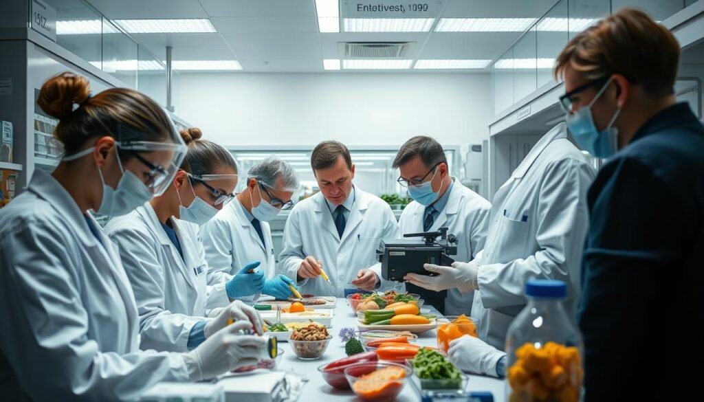 A well-lit laboratory setting, with a team of food safety inspectors meticulously examining various food samples under the watchful gaze of a senior investigator. The scene exudes an air of professionalism and attention to detail, as the inspectors diligently carry out their duties, surrounded by state-of-the-art equipment and analytical instruments. The background is clean and sterile, with a sense of order and precision, hinting at the rigorous procedures involved in the food quality assurance process. The overall atmosphere conveys a sense of purpose and determination, as the team works to ensure the safety and integrity of the food supply.