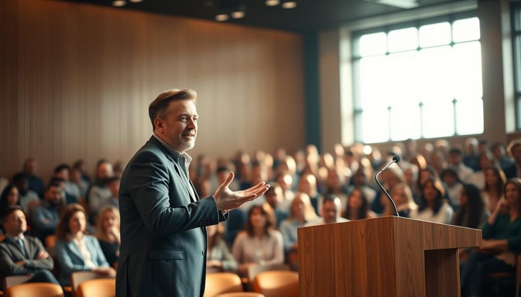 A well-lit lecture hall with rows of attentive students, a podium standing prominently in the foreground. A confident, charismatic speaker gestures expressively, their face radiating passion and authority. Soft, natural lighting filters in through large windows, casting a warm glow on the scene. The background is softly blurred, drawing the viewer's focus to the speaker and the art of public speaking. The overall atmosphere conveys a sense of engaged learning, inspiration, and the transformative power of effective communication.