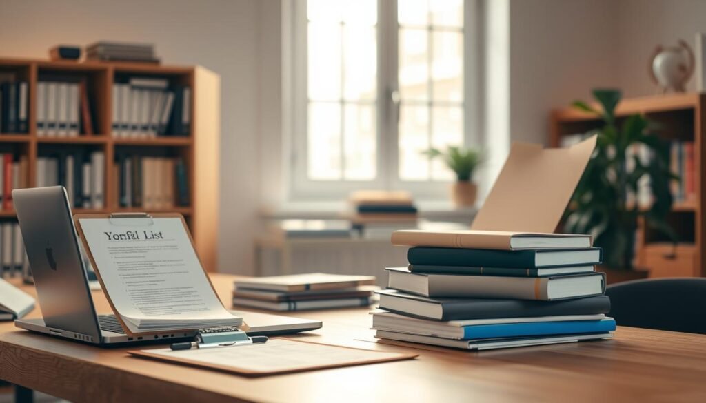 A well-lit office workspace with a laptop, stack of books, and a to-do list on a clipboard. Arranged neatly on a wooden desk, the scene exudes a sense of organization and focus. Soft, diffused lighting from a large window casts a warm glow, creating an atmosphere of productivity and preparation. In the background, a bookshelf filled with reference materials and a potted plant add subtle details that contribute to the professional yet cozy ambiance. The overall composition conveys the idea of a student or young professional diligently getting ready for an internship or work placement.