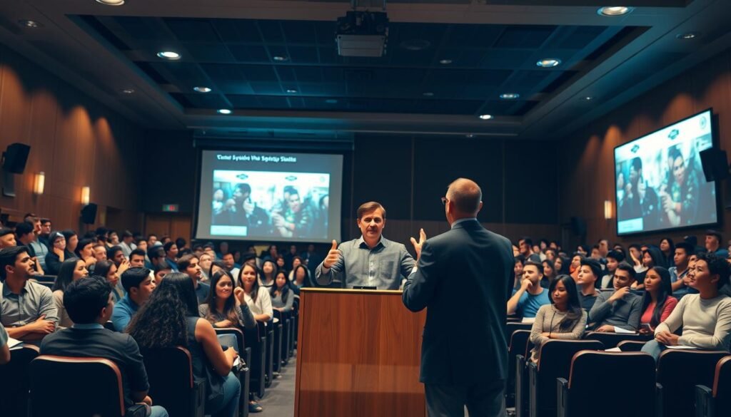 A well-lit university lecture hall, the podium in the foreground illuminated by warm spotlights. In the middle ground, a confident speaker gestures animatedly, engaging a diverse audience of students, their faces rapt with attention. The background features a large projection screen displaying visuals that accentuate the speaker's points. The atmosphere is one of inspiration and intellectual stimulation, conveying the immense benefits of mastering public speaking skills during one's college years.