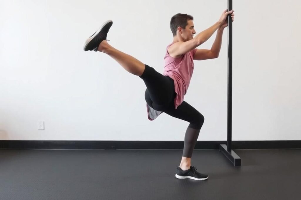 Gerakan leg swings atau ayunan kaki sebagai stretching dinamis sebelum olahraga Gerakan leg swings atau ayunan kaki sebagai stretching dinamis sebelum olahraga