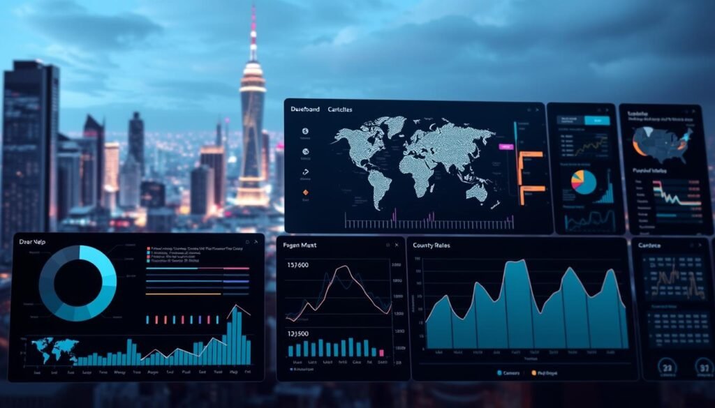 A dynamic business data dashboard with sleek, minimalist design. In the foreground, a series of interactive data visualizations - pie charts, line graphs, and tables - displaying key performance metrics for a digital-era organization. The middle ground features a large, high-resolution world map, pulsing with real-time data flows. In the background, a futuristic cityscape with towering skyscrapers and a vibrant, neon-lit skyline. Lighting is crisp and directional, creating depth and emphasizing the dashboard's advanced functionality. The overall mood is one of cutting-edge technology, data mastery, and economic prowess in the digital age.