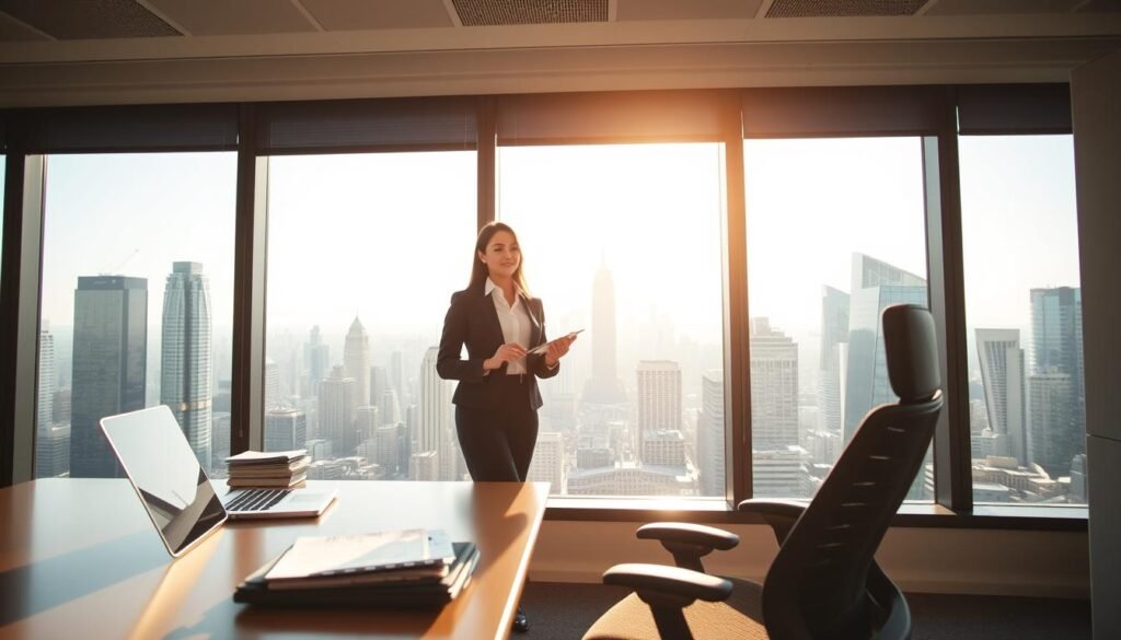 A sun-drenched office setting, with a well-appointed desk and ergonomic chair in the foreground. On the desk, a laptop, a calculator, and neatly stacked financial reports. In the middle ground, a businesswoman in a sleek, professional outfit standing with an air of confidence, presenting financial data on a tablet. The background features floor-to-ceiling windows, offering a panoramic view of a thriving city skyline, symbolizing the expansive career opportunities for accounting professionals. Warm, directional lighting casts a subtle glow, creating a sense of professionalism and success. The overall scene conveys the dynamic, rewarding, and high-impact nature of an accounting career.
