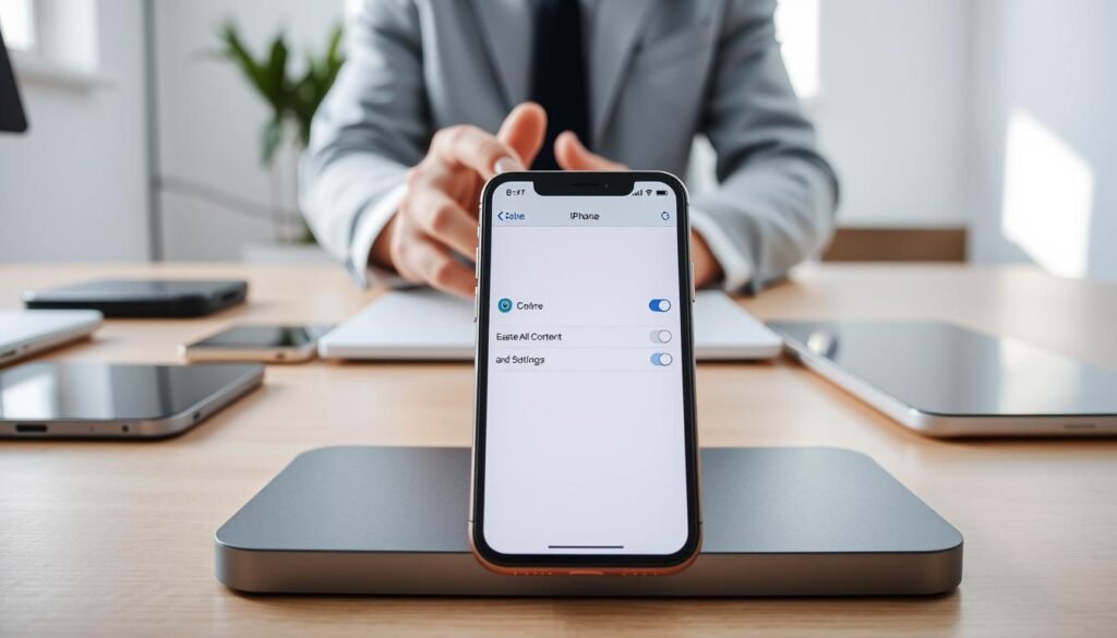 A clean, modern workspace featuring an iPhone on a sleek wooden desk, surrounded by digital devices. In the foreground, the iPhone faces the viewer with its screen displaying the settings menu for data deletion, showcasing icons for "Erase All Content and Settings". The middle ground includes a pair of professional hands, fingers poised as if preparing to confirm the deletion process. The background features a bright, softly lit room with a minimalistic design, emphasizing a sense of clarity and organization. Soft light streams through a nearby window, creating an inviting atmosphere. The overall mood conveys a sense of responsibility and care in managing digital privacy, ideal for illustrating the steps to erase personal data on an iPhone. A clean, modern workspace featuring an iPhone on a sleek wooden desk, surrounded by digital devices. In the foreground, the iPhone faces the viewer with its screen displaying the settings menu for data deletion, showcasing icons for "Erase All Content and Settings". The middle ground includes a pair of professional hands, fingers poised as if preparing to confirm the deletion process. The background features a bright, softly lit room with a minimalistic design, emphasizing a sense of clarity and organization. Soft light streams through a nearby window, creating an inviting atmosphere. The overall mood conveys a sense of responsibility and care in managing digital privacy, ideal for illustrating the steps to erase personal data on an iPhone.