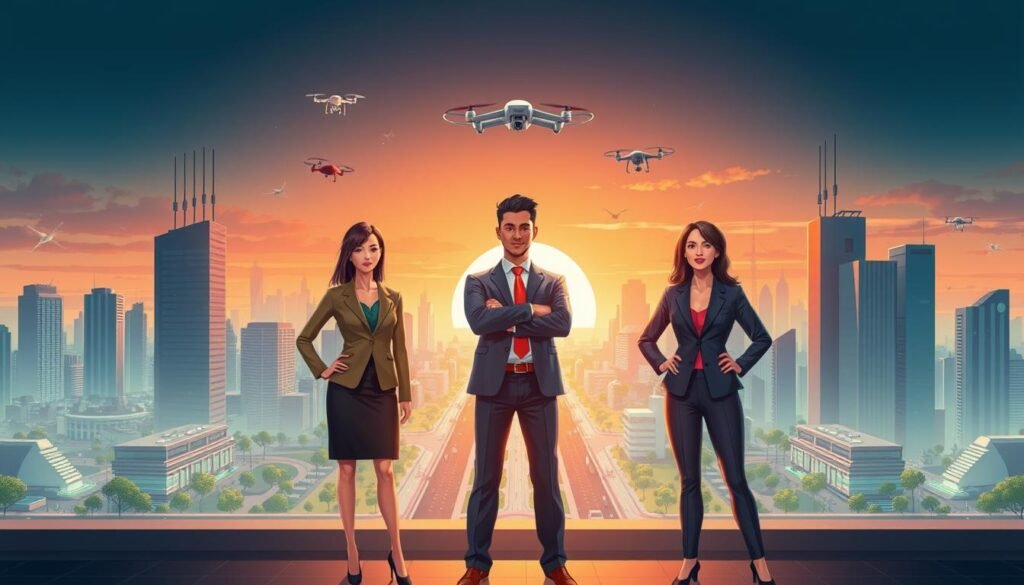 A dynamic and engaging illustration representing "Triple Helix Collaboration" in the context of smart cities enhanced by AI and IoT. In the foreground, three diverse professionals symbolizing government, academia, and business stand in a confident group, dressed in professional business attire. The middle ground features a futuristic cityscape, showcasing smart technology like IoT devices, drones, and interconnected networks, with green spaces integrated seamlessly. In the background, a vibrant sunset casts warm hues, emphasizing innovation and collaboration. The scene is illuminated by soft, ambient lighting to create a hopeful atmosphere. A slight tilt from above captures the full depth of this collaborative vision, reflecting synergy and progress. A dynamic and engaging illustration representing "Triple Helix Collaboration" in the context of smart cities enhanced by AI and IoT. In the foreground, three diverse professionals symbolizing government, academia, and business stand in a confident group, dressed in professional business attire. The middle ground features a futuristic cityscape, showcasing smart technology like IoT devices, drones, and interconnected networks, with green spaces integrated seamlessly. In the background, a vibrant sunset casts warm hues, emphasizing innovation and collaboration. The scene is illuminated by soft, ambient lighting to create a hopeful atmosphere. A slight tilt from above captures the full depth of this collaborative vision, reflecting synergy and progress.