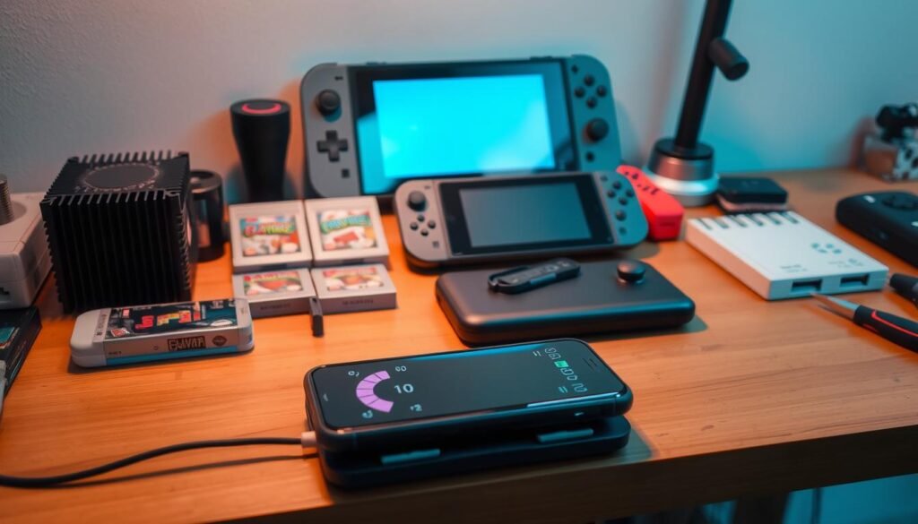 A neatly organized workbench with various electronic gadgets and tools, illuminated by a warm, ambient light. In the foreground, a smartphone sits on a cooling pad, its temperature gauge indicating a comfortable, optimal level. Surrounding the device are strategically placed heat sinks, fans, and air vents, creating an efficient cooling system. In the middle ground, a collection of puzzle game cartridges and a sleek, low-profile game console rests on the bench, hinting at the light, undemanding nature of the games. The background features a clean, minimalist setting, emphasizing the importance of proper device temperature management for an enjoyable gaming experience. A neatly organized workbench with various electronic gadgets and tools, illuminated by a warm, ambient light. In the foreground, a smartphone sits on a cooling pad, its temperature gauge indicating a comfortable, optimal level. Surrounding the device are strategically placed heat sinks, fans, and air vents, creating an efficient cooling system. In the middle ground, a collection of puzzle game cartridges and a sleek, low-profile game console rests on the bench, hinting at the light, undemanding nature of the games. The background features a clean, minimalist setting, emphasizing the importance of proper device temperature management for an enjoyable gaming experience.