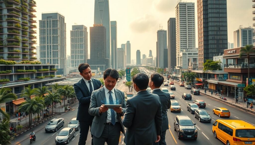 A panoramic cityscape depicting the challenges of developing a smart city in Indonesia. In the foreground, a diverse group of professionals in business attire discusses plans, utilizing advanced tablets and holographic displays. The middle ground features a mix of modern skyscrapers integrated with green technology, like vertical gardens and solar panels, alongside traditional Indonesian architecture. In the background, bustling streets with vehicles and pedestrians showcase the daily life of the city. The atmosphere is dynamic and optimistic, with soft, warm lighting capturing the essence of innovation and growth. The image should be framed from a slightly elevated angle, emphasizing both the busy urban environment and the collaborative efforts at the forefront. A panoramic cityscape depicting the challenges of developing a smart city in Indonesia. In the foreground, a diverse group of professionals in business attire discusses plans, utilizing advanced tablets and holographic displays. The middle ground features a mix of modern skyscrapers integrated with green technology, like vertical gardens and solar panels, alongside traditional Indonesian architecture. In the background, bustling streets with vehicles and pedestrians showcase the daily life of the city. The atmosphere is dynamic and optimistic, with soft, warm lighting capturing the essence of innovation and growth. The image should be framed from a slightly elevated angle, emphasizing both the busy urban environment and the collaborative efforts at the forefront.