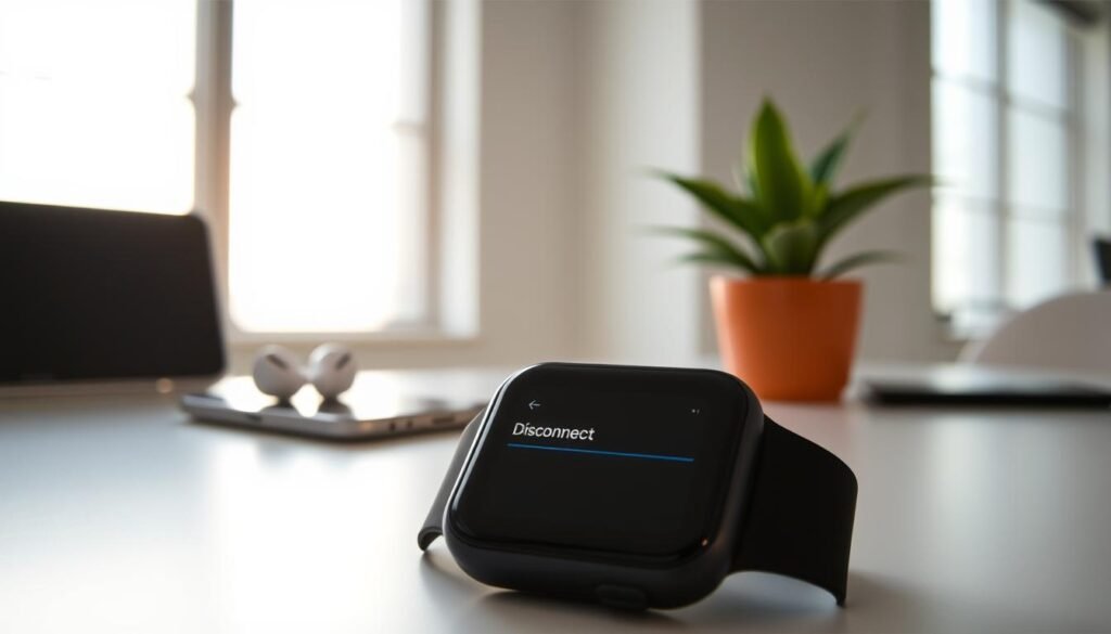 An elegant workspace in a well-lit office, featuring a close-up of an Apple Watch being disconnected from an iPhone. In the foreground, the Apple Watch displays its settings screen, with the "Disconnect" option highlighted for emphasis. The middle ground shows a sleek, modern iPhone placed on a clean surface, surrounded by a few minimalist accessories like a pair of wireless earbuds and a small potted plant. In the background, soft, diffused natural light filters through a large window, casting a warm glow over the scene. The atmosphere feels organized and professional, suitable for illustrating a technological topic. The focus is sharp, emphasizing the details of the devices, creating an informative and engaging visual representation. An elegant workspace in a well-lit office, featuring a close-up of an Apple Watch being disconnected from an iPhone. In the foreground, the Apple Watch displays its settings screen, with the "Disconnect" option highlighted for emphasis. The middle ground shows a sleek, modern iPhone placed on a clean surface, surrounded by a few minimalist accessories like a pair of wireless earbuds and a small potted plant. In the background, soft, diffused natural light filters through a large window, casting a warm glow over the scene. The atmosphere feels organized and professional, suitable for illustrating a technological topic. The focus is sharp, emphasizing the details of the devices, creating an informative and engaging visual representation.