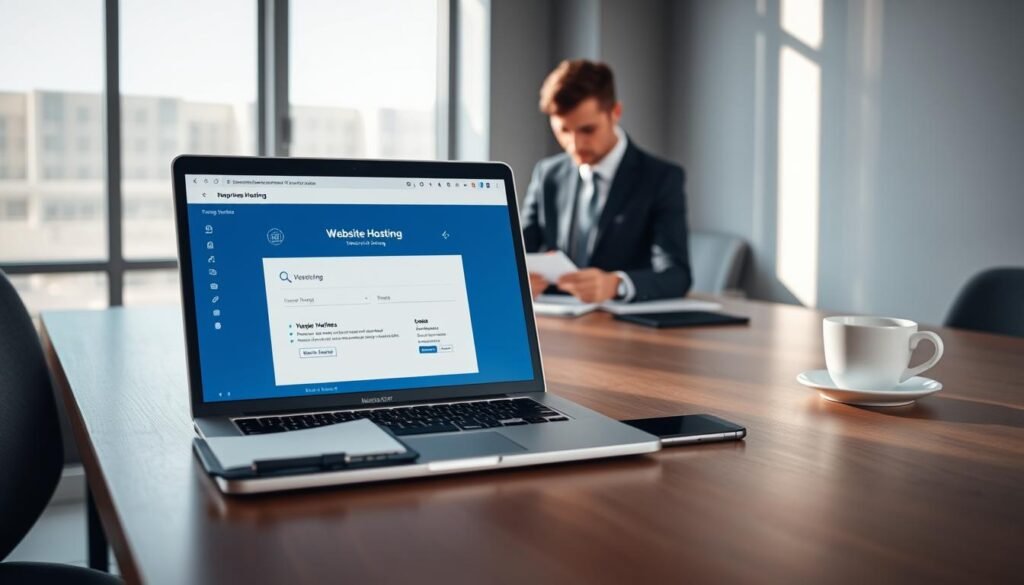 A desk setting in a modern office with a laptop open, displaying a website hosting service. The foreground features a sleek, minimalistic desk with a notepad, a smartphone, and a cup of coffee. The middle ground showcases a professional person dressed in smart business attire, focused on the laptop screen while taking notes. The background features a large window with natural light streaming in, illuminating the space and creating a warm, inviting atmosphere. Soft shadows and highlights contrast delicately to enhance depth. The scene conveys a mood of preparation and professionalism, emphasizing the importance of setting up a domain and hosting for a business email. A subtle color palette of blues and whites adds to the modern, clean aesthetic. A desk setting in a modern office with a laptop open, displaying a website hosting service. The foreground features a sleek, minimalistic desk with a notepad, a smartphone, and a cup of coffee. The middle ground showcases a professional person dressed in smart business attire, focused on the laptop screen while taking notes. The background features a large window with natural light streaming in, illuminating the space and creating a warm, inviting atmosphere. Soft shadows and highlights contrast delicately to enhance depth. The scene conveys a mood of preparation and professionalism, emphasizing the importance of setting up a domain and hosting for a business email. A subtle color palette of blues and whites adds to the modern, clean aesthetic.