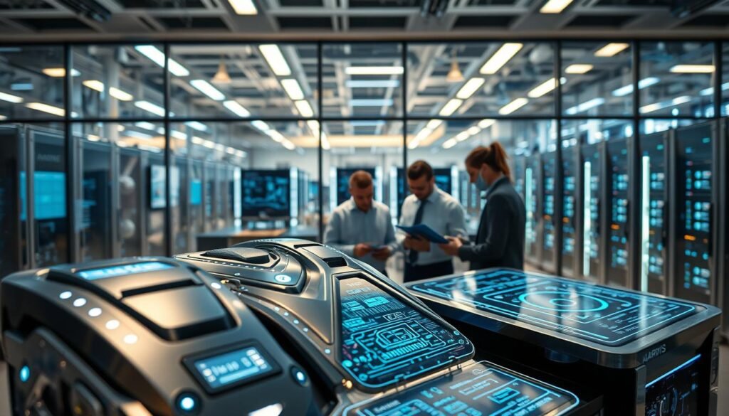 A futuristic AI inference module named JARVIS is depicted as the focal point in the foreground, showcasing sleek metallic surfaces, glowing circuits, and intricate algorithms displayed on a holographic interface. The middle ground features engineers in professional attire collaborating around a high-tech console, examining data on digital screens that blend seamlessly into the environment. In the background, a large window reveals a bustling supercomputing facility with servers and advanced technology under soft blue and white LED lighting, creating an atmosphere of innovation and sophistication. The angle is slightly elevated, giving a comprehensive view of the collaborative space, while soft focus enhances the sense of depth. The overall mood is dynamic and forward-thinking, capturing the essence of cutting-edge AI development.