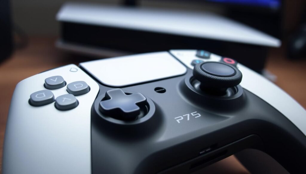 A high-quality image showcasing a DualSense Edge controller for PS5, prominently featuring the left thumbstick showing signs of stick drift. In the foreground, the controller's design is detailed, emphasizing the texture and colors of the buttons and grips. The middle ground displays a subtle perspective with a slightly blurred gaming console in the background, hinting at a gaming setup. Use soft, diffused lighting to create a moody atmosphere that reflects the gaming environment. The angle is slightly elevated, focusing on the controller to highlight the drift issue, while ensuring the background remains supportive and non-distracting. The image should evoke a sense of concern regarding gameplay performance, perfect for illustrating the symptoms of stick drift.