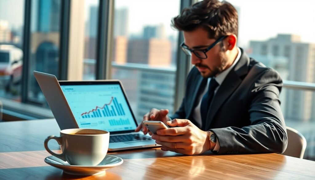 A professional business setting, featuring a well-dressed man in a sharp suit, interacting with a laptop and smartphone on a sleek wooden desk. He is focused, reviewing emails that display positive growth graphs and engagement metrics. In the foreground, an elegant cup of coffee adds a touch of warmth. The middle layer includes a modern office with glass windows revealing a cityscape and natural daylight flooding in, enhancing the atmosphere of professionalism. Soft shadows create depth, while a subtle bokeh effect smooths the background, drawing attention to the subject. The overall mood is inspiring and ambitious, reflecting the benefits of using business email to enhance branding. A professional business setting, featuring a well-dressed man in a sharp suit, interacting with a laptop and smartphone on a sleek wooden desk. He is focused, reviewing emails that display positive growth graphs and engagement metrics. In the foreground, an elegant cup of coffee adds a touch of warmth. The middle layer includes a modern office with glass windows revealing a cityscape and natural daylight flooding in, enhancing the atmosphere of professionalism. Soft shadows create depth, while a subtle bokeh effect smooths the background, drawing attention to the subject. The overall mood is inspiring and ambitious, reflecting the benefits of using business email to enhance branding.