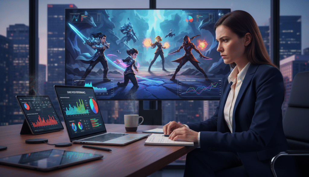 A professional woman in business attire, intently analyzing data on her laptop screen, which is filled with colorful graphs and charts depicting game patch performance. In the foreground, a sleek modern desk cluttered with digital devices and notepads. The middle ground showcases a large digital screen displaying a vibrant game interface with dynamic characters and statistics, illuminated by soft, ambient lighting. In the background, a panoramic window reveals a city skyline, suggesting a high-tech workspace. The mood is focused and dynamic, conveying the excitement of swiftly identifying winning strategies in the gaming world. The composition should have a clear perspective, emphasizing the woman’s concentration and the vibrant digital screen without any text or logos.