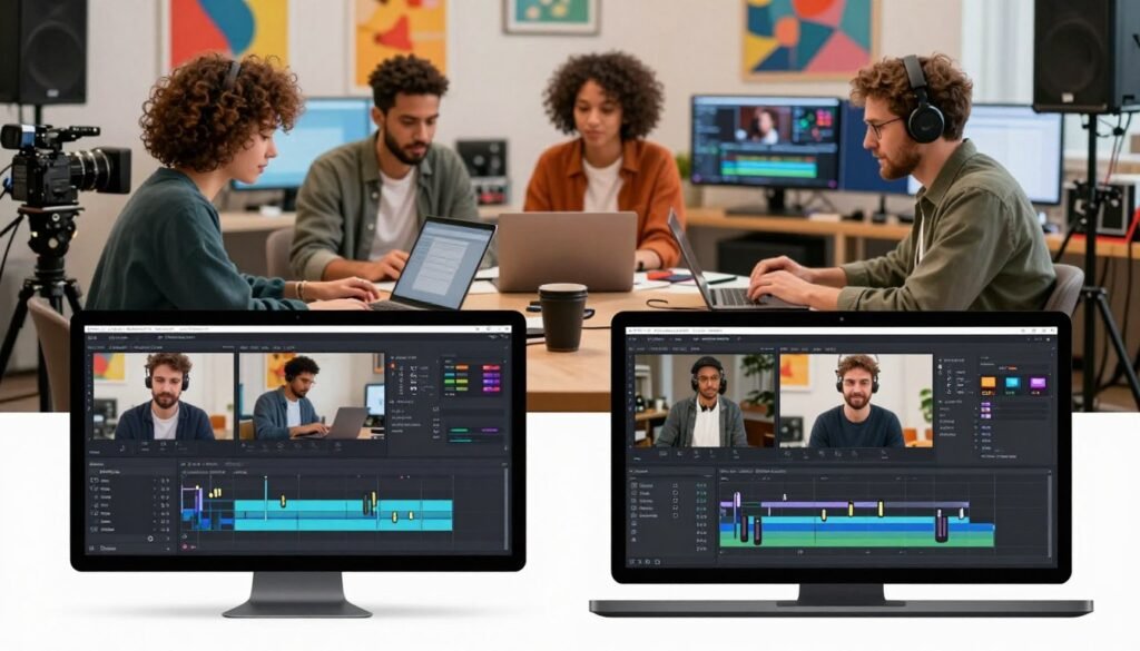 An illustrated comparison of video editing tools tailored for content creators. In the foreground, display two distinct editing interfaces, one modern and sleek with AI features, and the other traditional and cluttered with physical equipment. In the middle ground, showcase a diverse group of content creators—men and women in smart casual attire—collaborating on projects, surrounded by laptops, cameras, and sound equipment. The background features a vibrant studio setting filled with colorful artwork and video monitors displaying visual stats. Use soft, professional lighting to evoke a productive atmosphere, with a slight depth of field to keep the focus on the tools while softly blurring the background. Aim for a balanced composition that highlights innovation versus tradition in video editing.