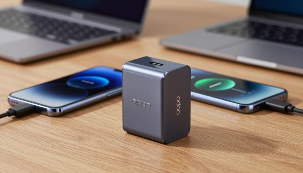 A sleek OPPO 100W SUPERVOOC GaN Charger prominently placed in the foreground, showcasing its modern design with a glossy finish and subtle branding. The charger is positioned on a textured wooden surface, highlighting its compactness. In the middle ground, a high-end smartphone with a charging cable connected to the charger, displaying an on-screen clock indicating a fast charge. The background features a softly blurred tech workspace with a laptop and ambient lighting, creating a professional atmosphere. Use bright, natural light to emphasize the charger’s details and create a contrast with the surroundings. The overall mood should convey innovation and efficiency, suitable for a high-tech product review.