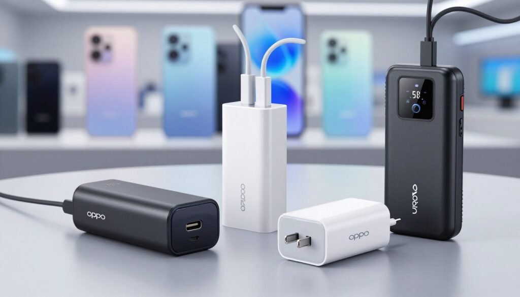 A visually striking image showcasing a selection of portable fast chargers tailored for OPPO and Vivo smartphones. In the foreground, feature three distinct chargers with varying designs: a sleek black model with a USB-C port, a compact white model with multiple charging cables, and a rugged power bank with a digital display. In the middle background, display an abstract blurred environment resembling a tech store, with smartphone silhouettes to emphasize the chargers' purpose. The lighting should be bright and professional, highlighting the chargers with a slight gleam, suggesting advanced technology. Capture the scene from a dynamic angle, perhaps an overhead view, to create depth. The overall mood is informative and modern, appealing to tech-savvy consumers looking for the best charging options.